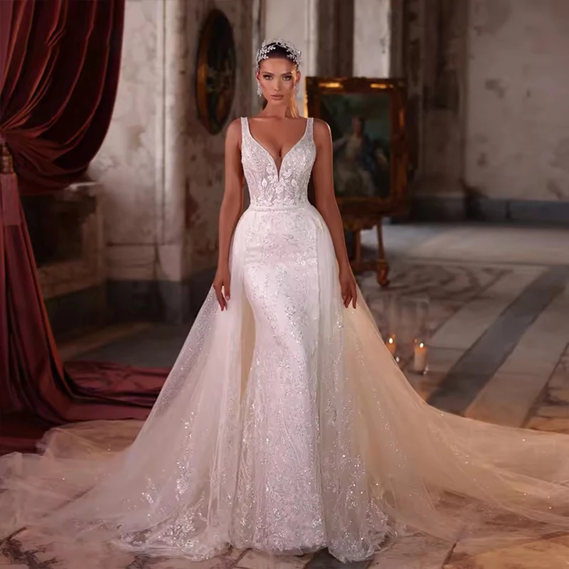 Glitter Detachable Train Wedding Dress Embroidered Lace On Net With Bead Mermaid Ballgown Sleeveless V-Neck Customized Lace Robe
Glitter Detachable Train Wedding Dress Embroidered Lace On Net With Bead Mermaid Ballgown Sleeveless V-Neck Customized Lace Robe