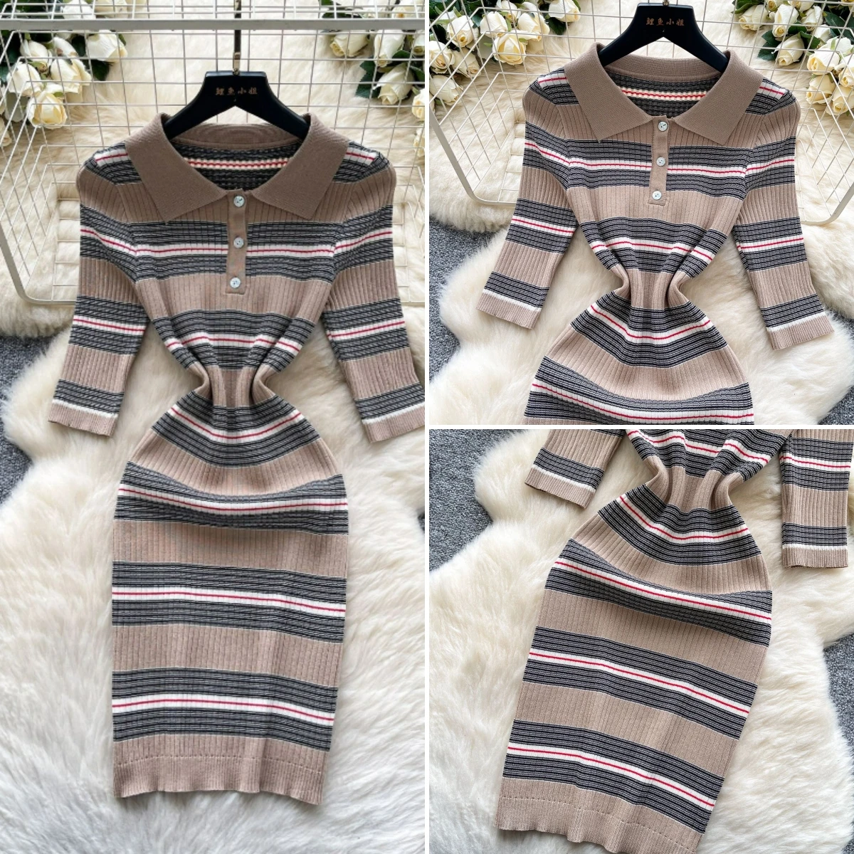 Striped Knit Dress Women Vintage Half Sleeve Turn Down Collar Skinny Dresses Slim Fit Button Elegant Vestidos Bodycon Knitted
Striped Knit Dress Women Vintage Half Sleeve Turn Down Collar Skinny Dresses Slim Fit Button Elegant Vestidos Bodycon Knitted