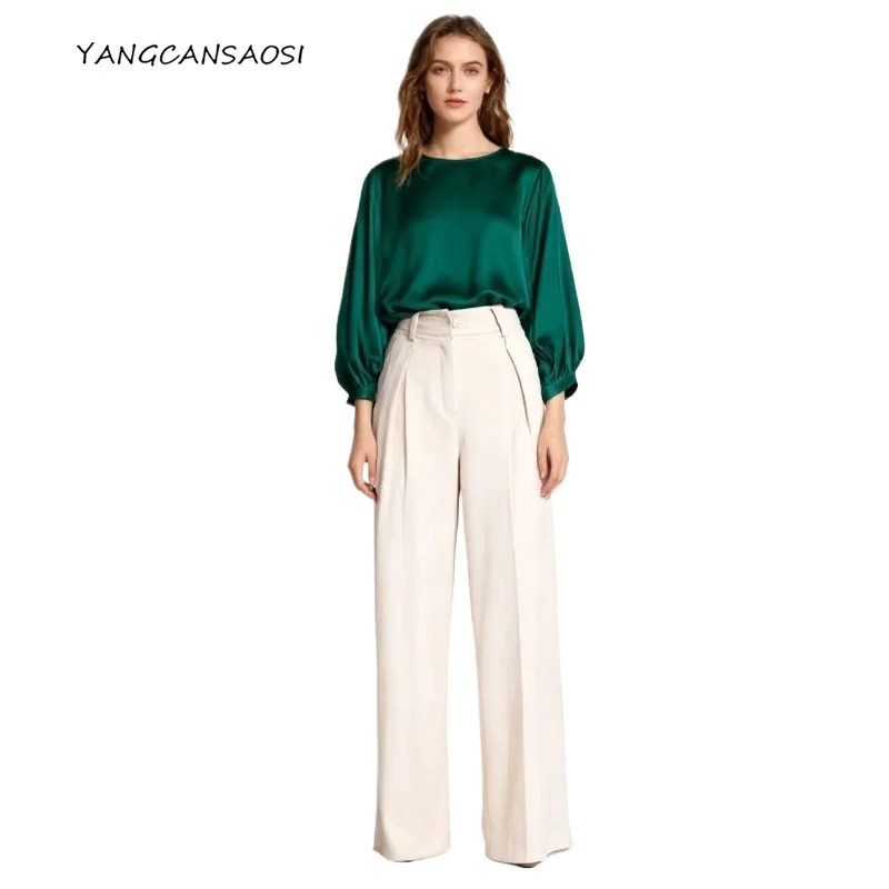 Loose Fit 100% Natural Mulberry Silk Pearl Satin Round Neck Lantern Three-quarter Sleeve Agate Green Women's Casual T-shirt
Loose Fit 100% Natural Mulberry Silk Pearl Satin Round Neck Lantern Three-quarter Sleeve Agate Green Women's Casual T-shirt
