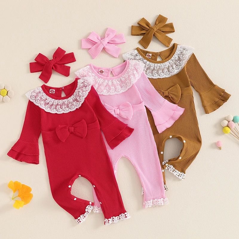 Infant Baby Girl Fall Romper Lace Neckline Flare Long Sleeve Bow Jumpsuit with Headband 2 Pcs Set
Infant Baby Girl Fall Romper Lace Neckline Flare Long Sleeve Bow Jumpsuit with Headband 2 Pcs Set