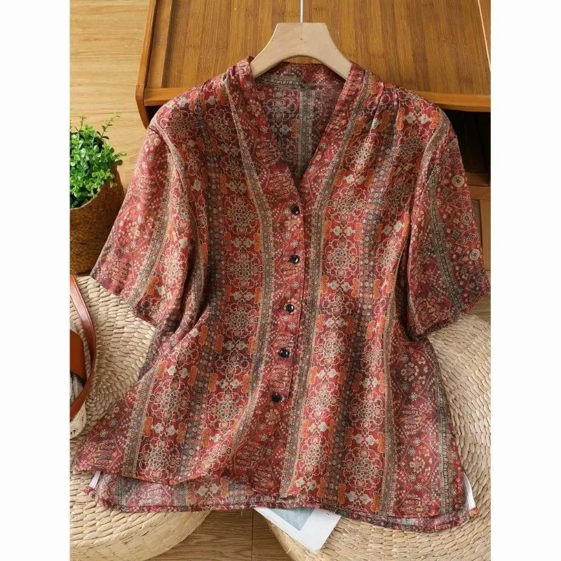 Women V Neck Vintage Printed Cotton Linen Short Sleeve Blouse Casual Bohemian Shirt
Women V Neck Vintage Printed Cotton Linen Short Sleeve Blouse Casual Bohemian Shirt