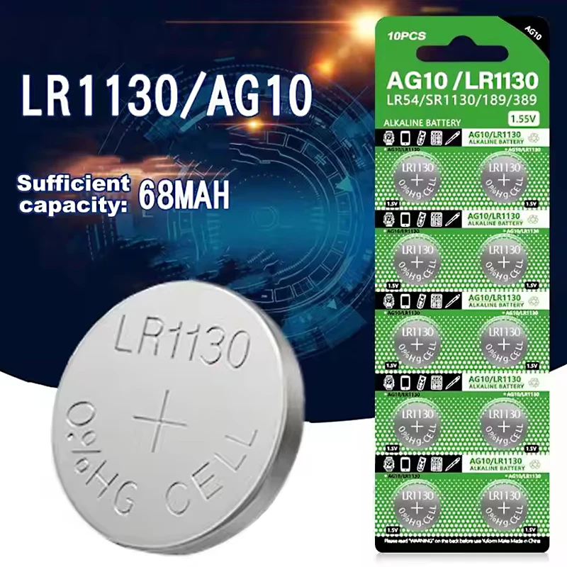 LR1130 AG10 Button Cell 1.55V SR54 389 189 SR1130 D189 LR54 Button Batteries G10A SR1130SW Cell Coin Watch Toys Remote Battery
LR1130 AG10 Button Cell 1.55V SR54 389 189 SR1130 D189 LR54 Button Batteries G10A SR1130SW Cell Coin Watch Toys Remote Battery