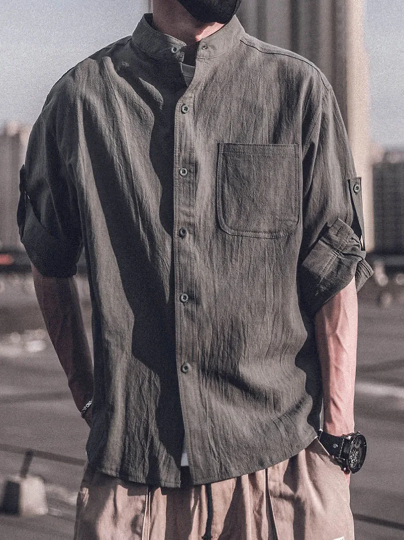 Мужская рубашка в американском ретро-стиле из хлопка и льна, свободного кроя, с рукавом три четверти, воротником-стойкой, однотонная, тонкая модель
Мужская рубашка в американском ретро-стиле из хлопка и льна, свободного кроя, с рукавом три четверти, воротником-стойкой, однотонная, тонкая модель