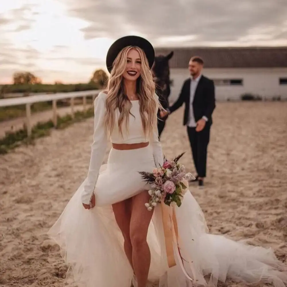 Simple Mermaid Country Wedding Dress Long Sleeves Two Pieces Bohemian Beach Bridal Gown Customized Robes De Mariee
Simple Mermaid Country Wedding Dress Long Sleeves Two Pieces Bohemian Beach Bridal Gown Customized Robes De Mariee
