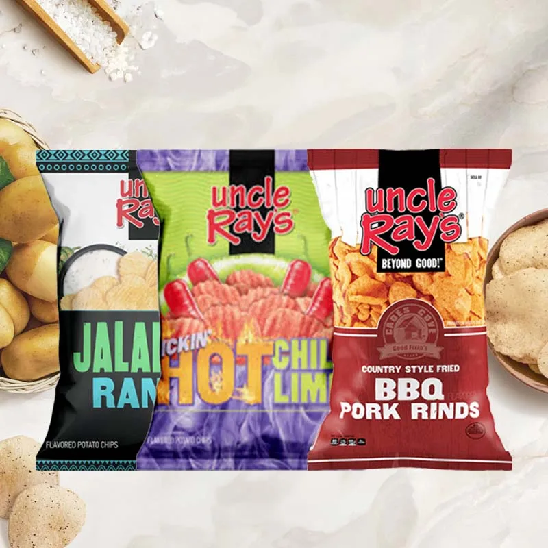Uncle Ray's Jalapeno Ranch Chips/ Kickin' Hot Chile Lime Chips/BBQ Pork Rinds 2.29 oz(65g)*4 packs
Uncle Ray's Jalapeno Ranch Chips/ Kickin' Hot Chile Lime Chips/BBQ Pork Rinds 2.29 oz(65g)*4 packs