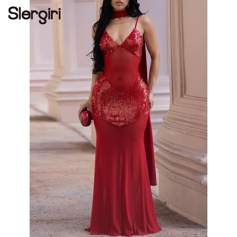 Slergiri Sexy Spaghetti Strap Mesh Dress Women Fashion New 2026 Elegant V-neck Evening Party Backless Sequins Long Maxi Dresses
Slergiri Sexy Spaghetti Strap Mesh Dress Women Fashion New 2026 Elegant V-neck Evening Party Backless Sequins Long Maxi Dresses