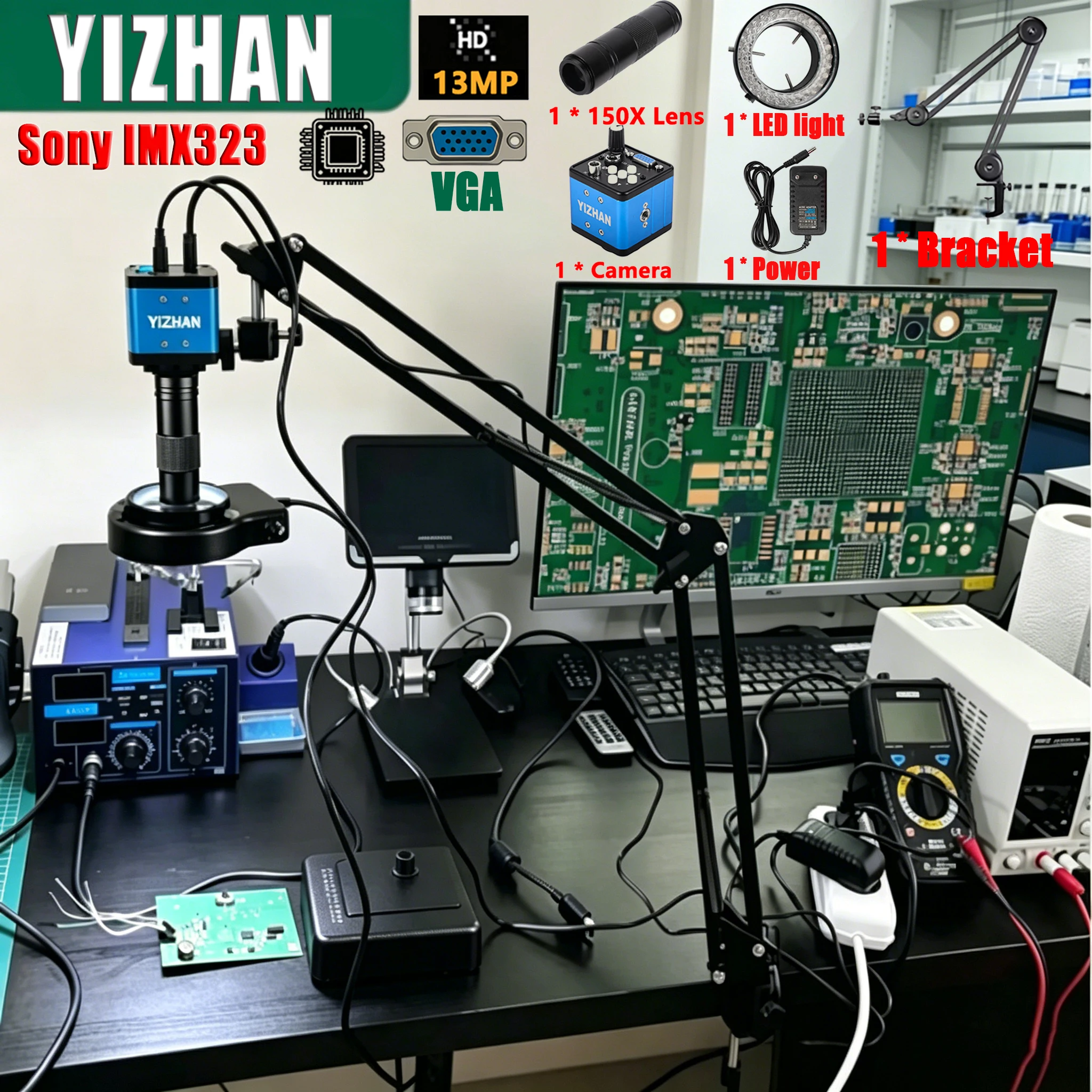 YIZHAN 13MP 1080P Microscope Camera 1080P VGA/HDMI Industrial Camera Sony IMX323 Sensor 150X Lens Fold Bracket for Chip repair
YIZHAN 13MP 1080P Microscope Camera 1080P VGA/HDMI Industrial Camera Sony IMX323 Sensor 150X Lens Fold Bracket for Chip repair