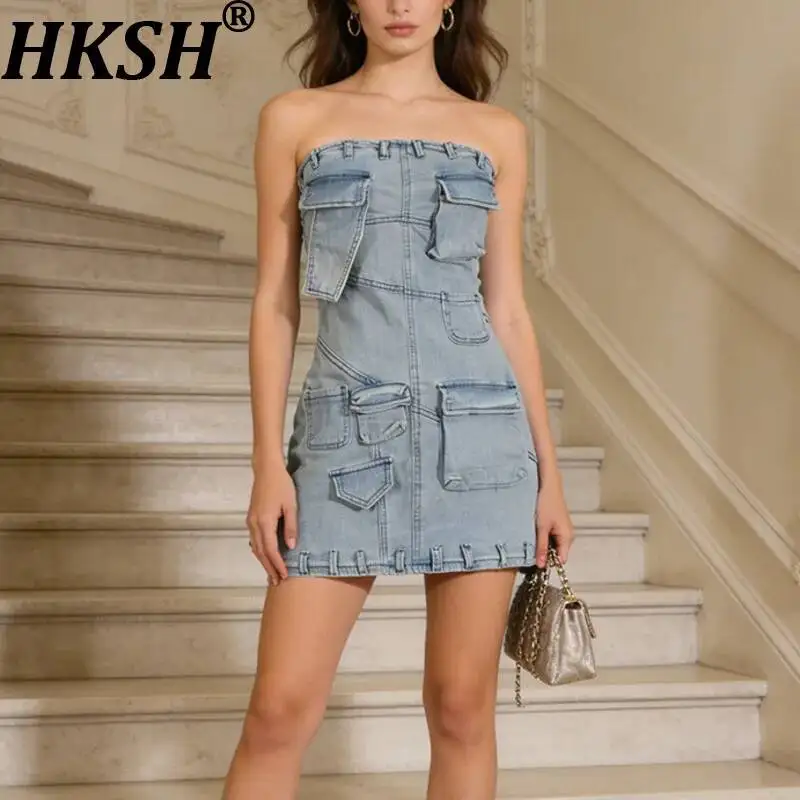 HKSH Women Denim Short Dress Strapless Asymmetric Multi-pocket Waist Cinching Slim Fit Retro Fashion Sexy Dresses Summer HK23498
HKSH Women Denim Short Dress Strapless Asymmetric Multi-pocket Waist Cinching Slim Fit Retro Fashion Sexy Dresses Summer HK23498