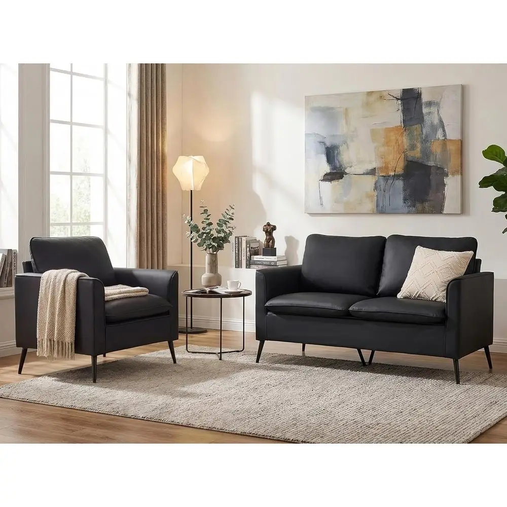 Modern 2-Piece Living Room Furniture Set: Leather Loveseat & Accent Chair with 2 Pillows for Small Spaces (Black)
Modern 2-Piece Living Room Furniture Set: Leather Loveseat & Accent Chair with 2 Pillows for Small Spaces (Black)