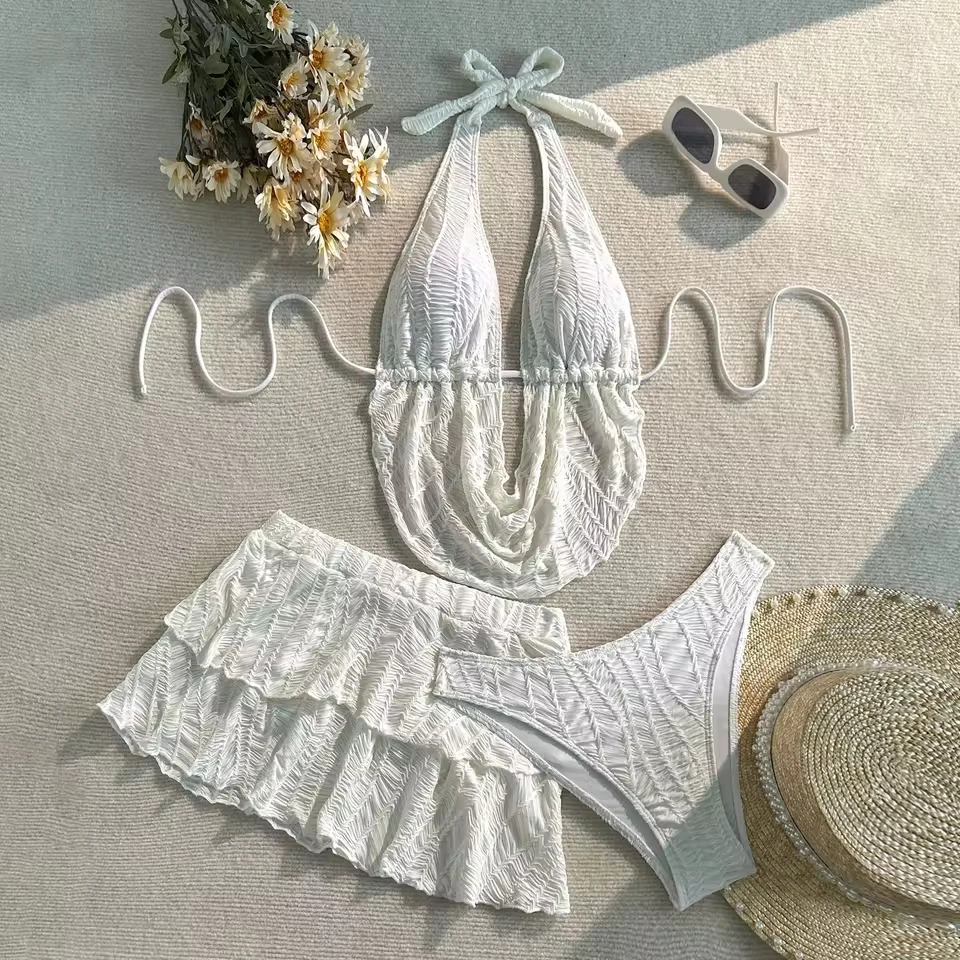 Solid White Halter Swimwear with Mini Skirts Bikini 3 Piezas Sexy Swimsuit Women Texture Wrinkles Bikinis-sets Beachwear
Solid White Halter Swimwear with Mini Skirts Bikini 3 Piezas Sexy Swimsuit Women Texture Wrinkles Bikinis-sets Beachwear