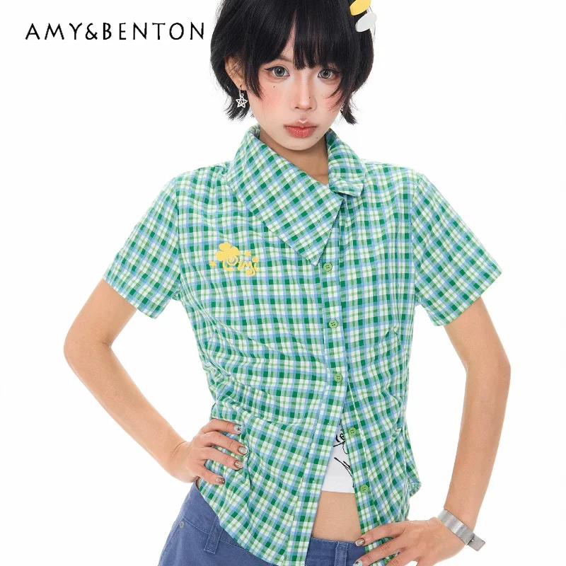 Korean Style Design Girls Irregular Green Plaid Short-Sleeve Women's Shirt 2026 Summer New Slimming Short Shirts Tops Ladies
Korean Style Design Girls Irregular Green Plaid Short-Sleeve Women's Shirt 2026 Summer New Slimming Short Shirts Tops Ladies