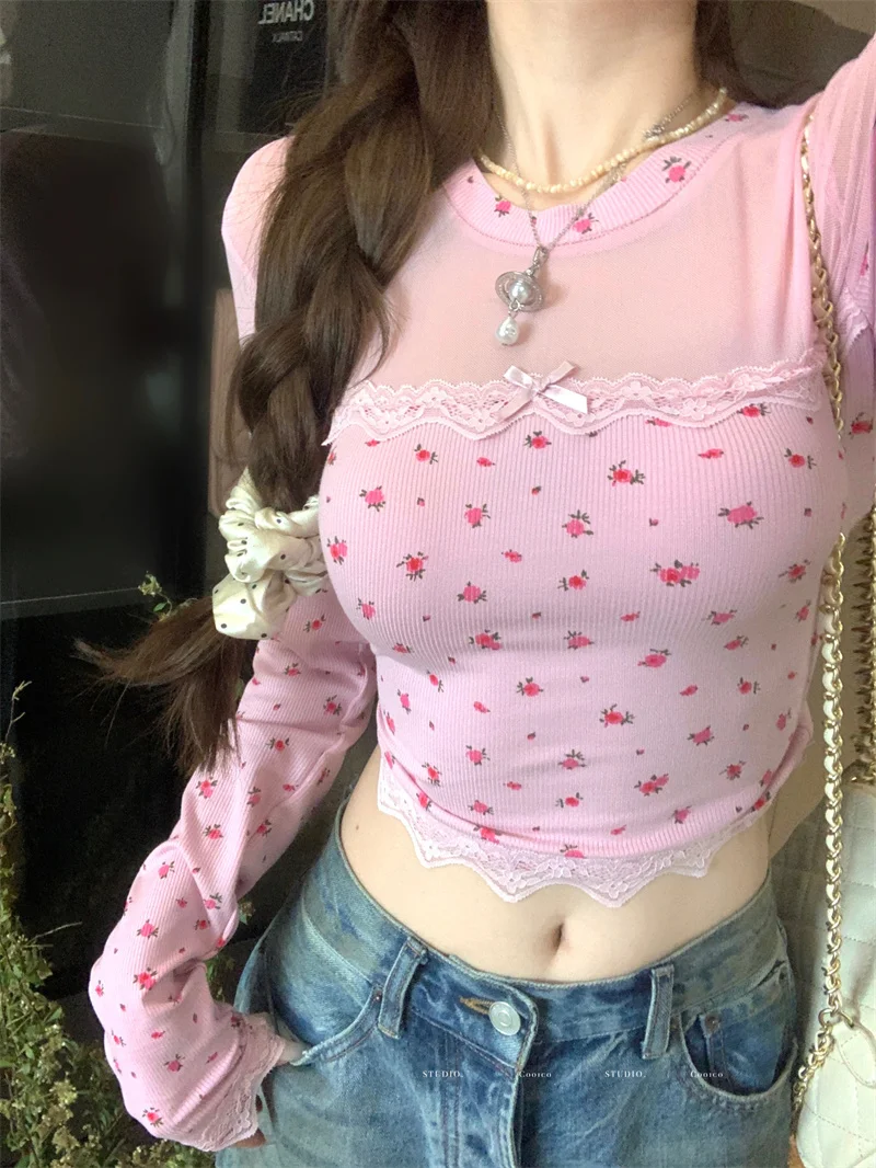 Pure Sexy Floral Long-sleeved T-shirt Women's Spring Summer Gauze Patchwork Slim Fit Crop Top Fashion Female Clothes
Pure Sexy Floral Long-sleeved T-shirt Women's Spring Summer Gauze Patchwork Slim Fit Crop Top Fashion Female Clothes