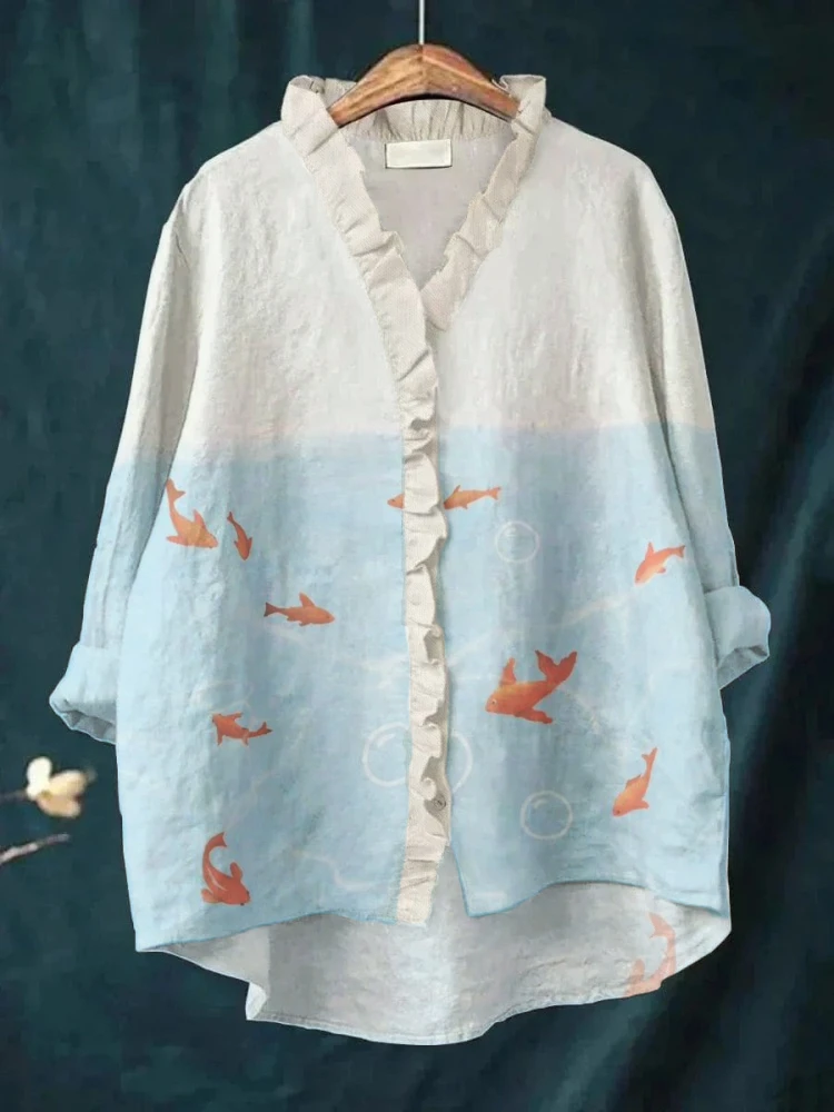 Fashion Women Fish Printed Blouses Plus Sized Office Lady Lapel Collar Button Down Long Sleeve Chic Tops Shirts Streetwear Korea
Fashion Women Fish Printed Blouses Plus Sized Office Lady Lapel Collar Button Down Long Sleeve Chic Tops Shirts Streetwear Korea