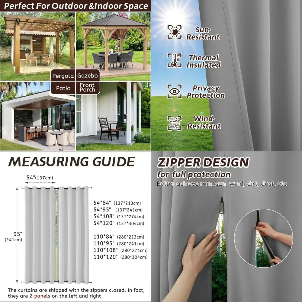 Waterproof Outdoor Curtains, 96 Grey, 2-Panel Blackout, Zipper & Grommet, Sun Blocker for Patio, Gazebo, Porch
Waterproof Outdoor Curtains, 96 Grey, 2-Panel Blackout, Zipper & Grommet, Sun Blocker for Patio, Gazebo, Porch