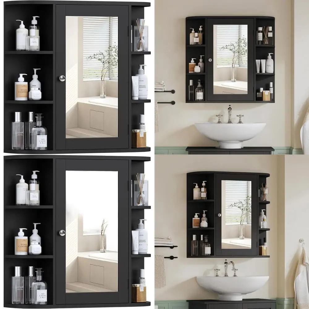 Black Bathroom Mirror Cabinet with Adjustable Shelves and Door
Black Bathroom Mirror Cabinet with Adjustable Shelves and Door
