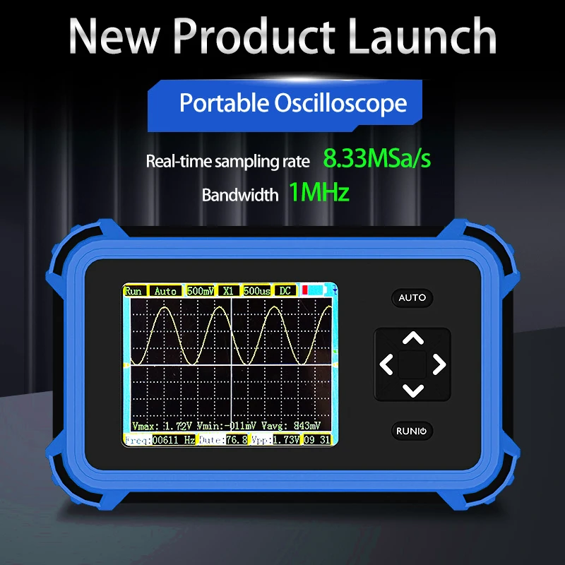 Portable Digital Oscilloscope, 1MHz Bandwidth & 8.33MSa/s Sampling, ±400V Auto Trigger, DC/AC Coupling, Timer Shutdown for Elect
Portable Digital Oscilloscope, 1MHz Bandwidth & 8.33MSa/s Sampling, ±400V Auto Trigger, DC/AC Coupling, Timer Shutdown for Elect