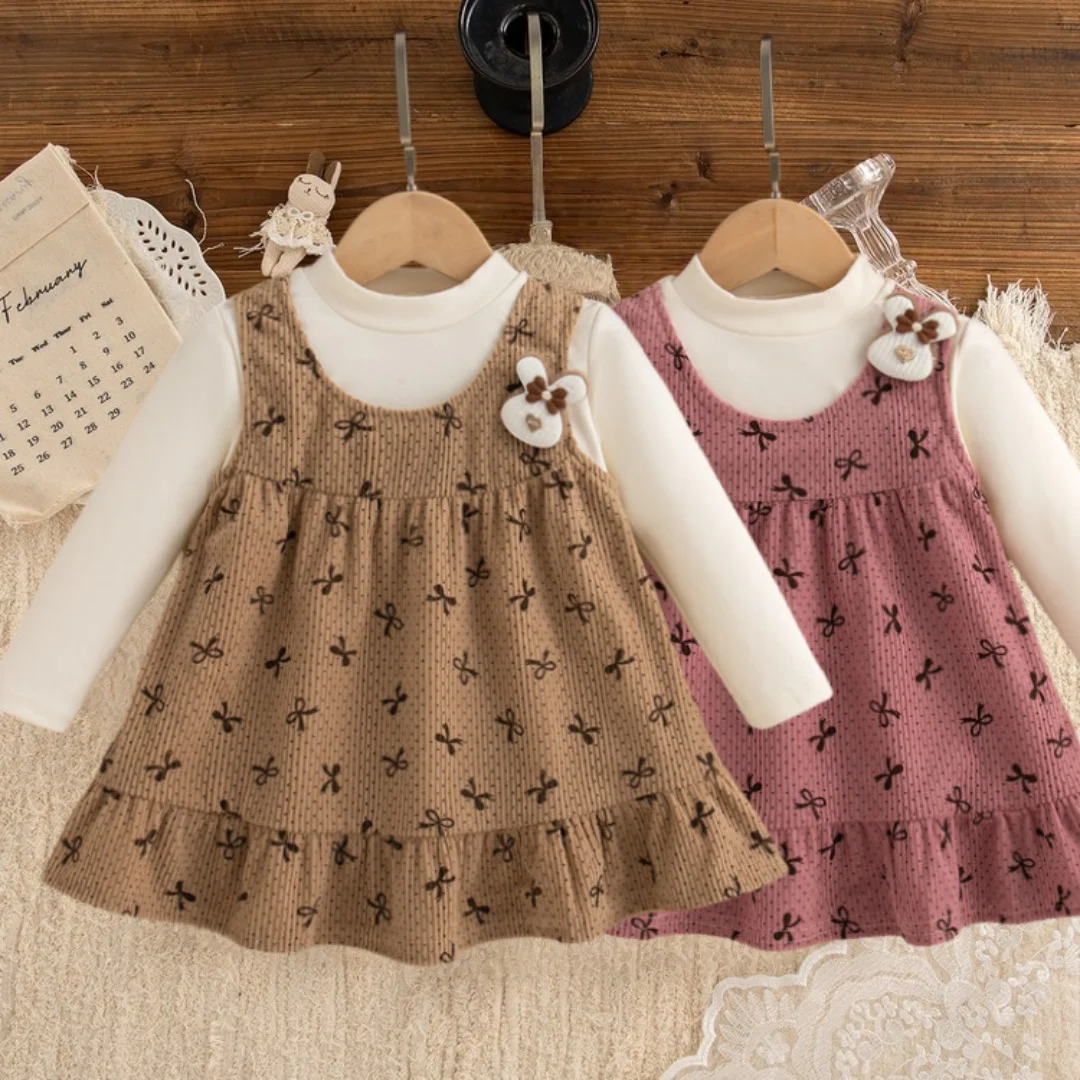Toddler Girl Clothes Bow Print Dress 1-4Y Kids Vintage Ruffle Hem Fake Two Piece Dress Children Autumn Long Sleeve Casual Dress
Toddler Girl Clothes Bow Print Dress 1-4Y Kids Vintage Ruffle Hem Fake Two Piece Dress Children Autumn Long Sleeve Casual Dress