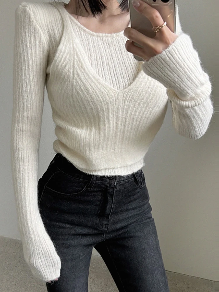 Korean Chic Fake Two-piece O-neck Pullover Knitted Sweater Casual Slim Fit Long Sleeve Knitwear Tops Autumn Winter X439
Korean Chic Fake Two-piece O-neck Pullover Knitted Sweater Casual Slim Fit Long Sleeve Knitwear Tops Autumn Winter X439