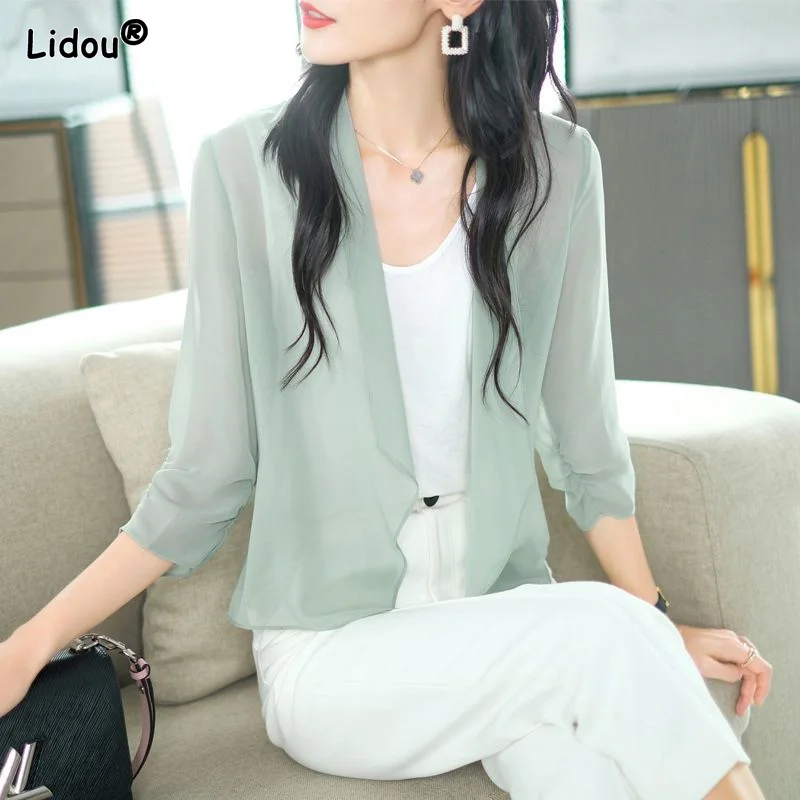 Office Lady Thin Double-layer Solid Chiffon Women Blouse Three Quarter Sleeves Spring Summer Open Stitch Plain Women's Clothing
Office Lady Thin Double-layer Solid Chiffon Women Blouse Three Quarter Sleeves Spring Summer Open Stitch Plain Women's Clothing