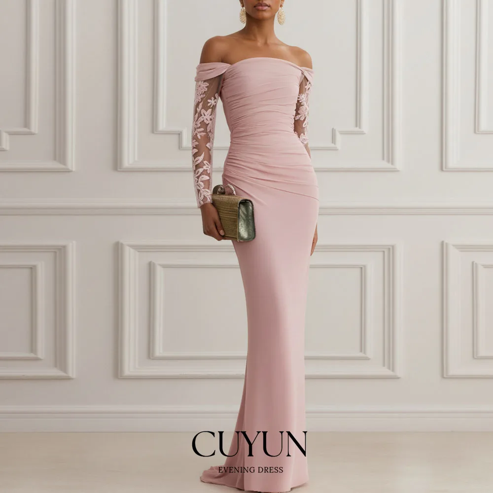 CUYUN Pink Lace Classic Formal Evening Gown Off The Shoulder Long Sleeve Sheath Gown Dress Customized Women Party Gown Gala
CUYUN Pink Lace Classic Formal Evening Gown Off The Shoulder Long Sleeve Sheath Gown Dress Customized Women Party Gown Gala