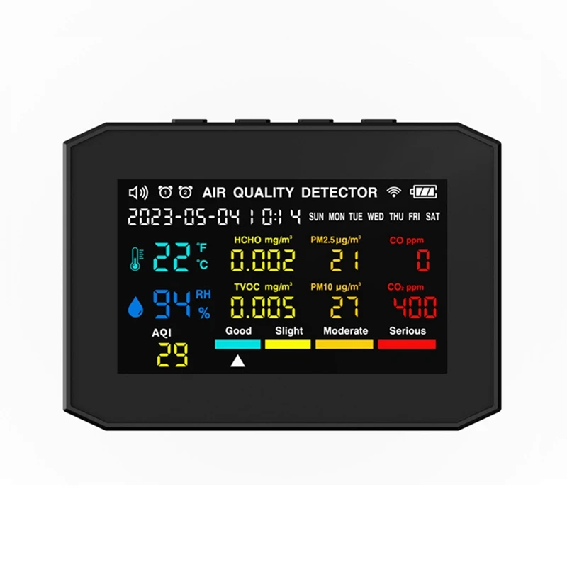Air Quality Monitor Indoor, Air Quality Detector With Time Date Display And Alarm Clock, ABS CO2 Monitor Black
Air Quality Monitor Indoor, Air Quality Detector With Time Date Display And Alarm Clock, ABS CO2 Monitor Black