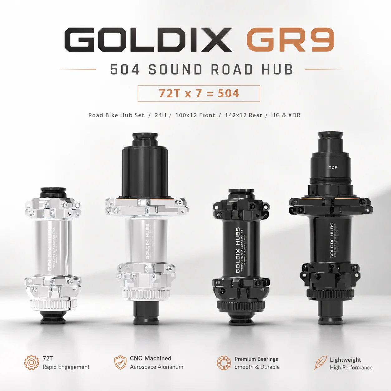 GOLDIX GR9 504-Click Gravel Hub – 24-Hole Straight-Pull, HG/XDR Freehub Body, 10–12 Speed Road/CX, Disc Brake Hub
GOLDIX GR9 504-Click Gravel Hub – 24-Hole Straight-Pull, HG/XDR Freehub Body, 10–12 Speed Road/CX, Disc Brake Hub