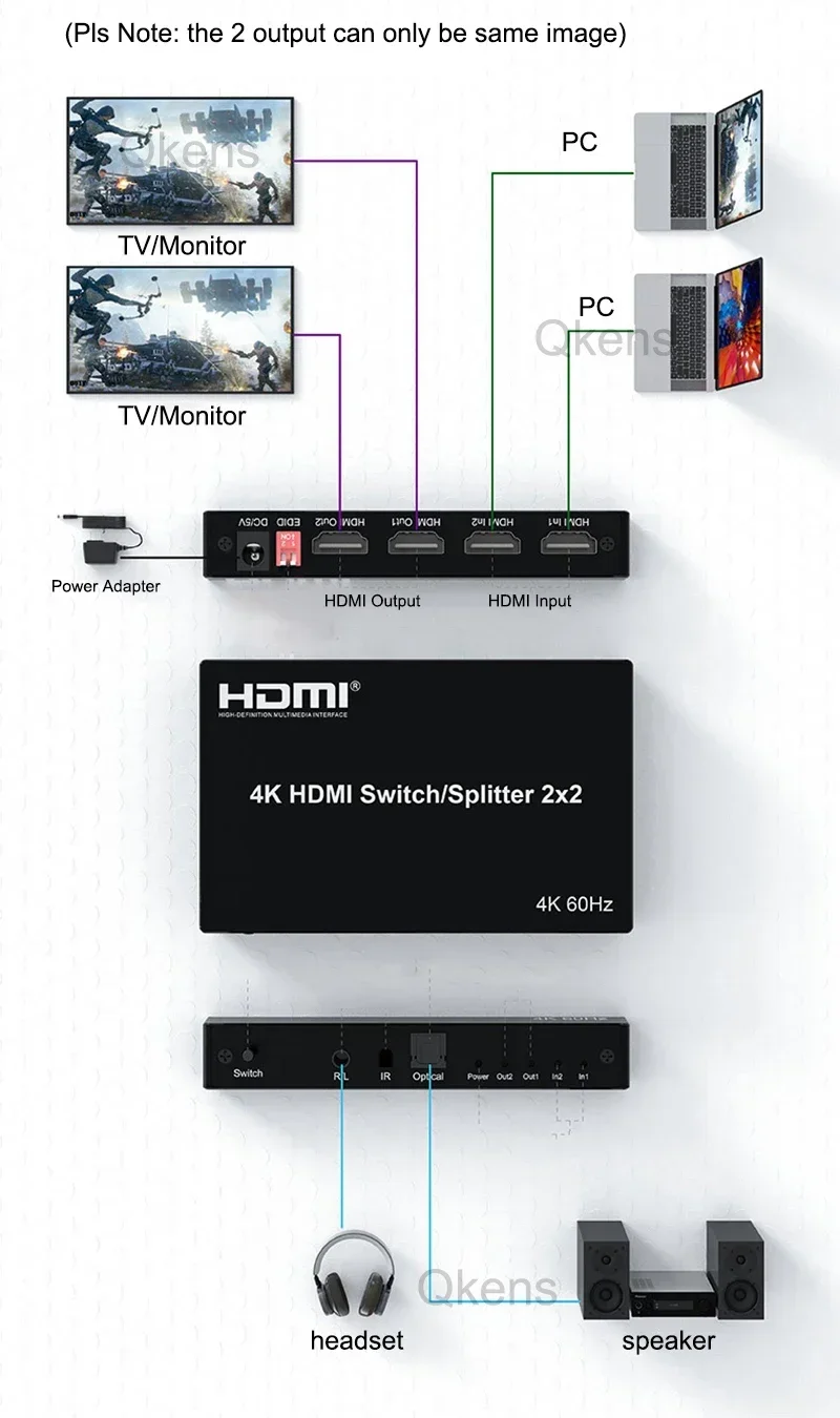2x2 HDMI 2.0 Switch Switcher Splitter 4K @ 60Hz 3.5mm Audio Extractor 3D Video Converter Dual Display for PS4 PC To TV Projector 
2x2 HDMI 2.0 Switch Switcher Splitter 4K @ 60Hz 3.5mm Audio Extractor 3D Video Converter Dual Display for PS4 PC To TV Projector