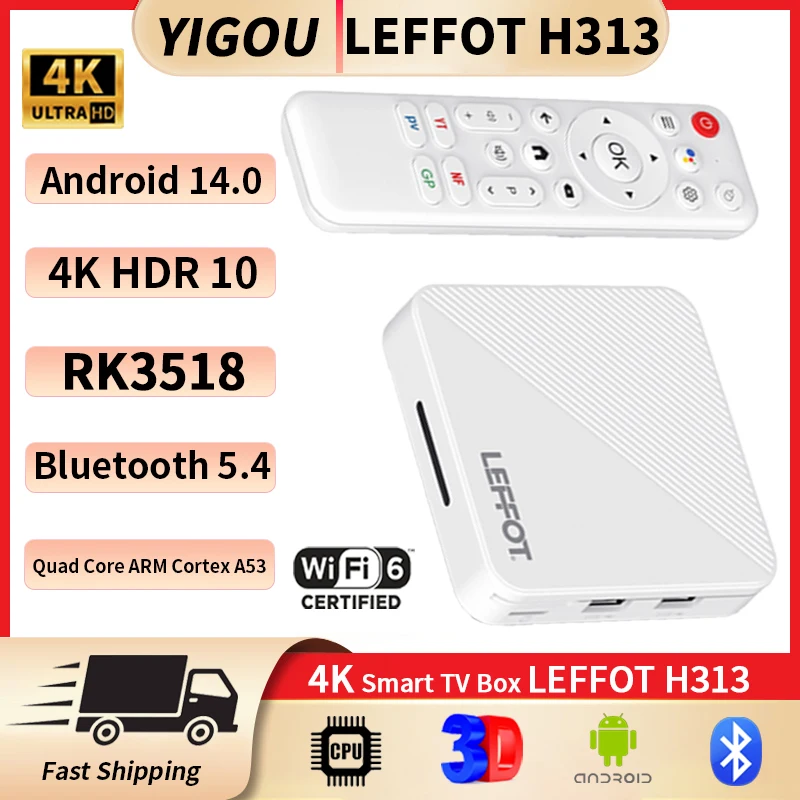 ТВ-приставка LEFFOT H313 на Android, процессор Rockchip RK3518, четырехъядерный ARM Cortex A53, Wi-Fi 6, Bluetooth 5.0, 2 ГБ ОЗУ, 16 ГБ ПЗУ, поддержка 4K HD.
ТВ-приставка LEFFOT H313 на Android, процессор Rockchip RK3518, четырехъядерный ARM Cortex A53, Wi-Fi 6, Bluetooth 5.0, 2 ГБ ОЗУ, 16 ГБ ПЗУ, поддержка 4K HD.