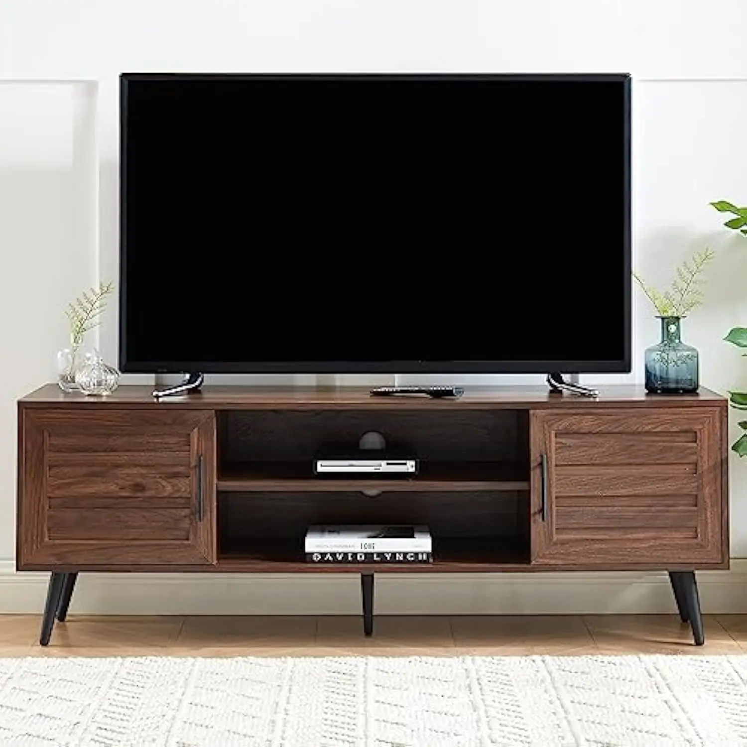 Деревянная подставка для телевизора середины века, развлекательная консоль с открытыми полками и 2 шкафами для телевизоров до 65 дюймов (темный орех) 
Деревянная подставка для телевизора середины века, развлекательная консоль с открытыми полками и 2 шкафами для телевизоров до 65 дюймов (темный орех)