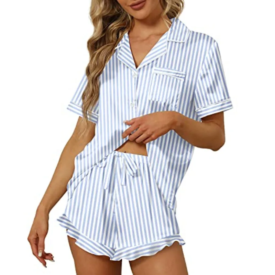 SAPJON Satin Silk Pajamas for Women 2Pcs Ruffle Notch Collar Sleepwear Button Down Short Sleeve Shorts Pjs Set Loungewear
SAPJON Satin Silk Pajamas for Women 2Pcs Ruffle Notch Collar Sleepwear Button Down Short Sleeve Shorts Pjs Set Loungewear