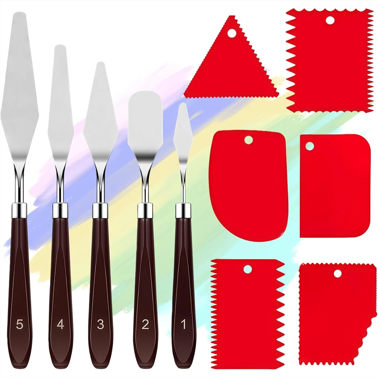 5pcs Stainless Steel Palette Knife Set with 6 Plastic Scrapers for Oil Acrylic Painting & Cake Decorating
5pcs Stainless Steel Palette Knife Set with 6 Plastic Scrapers for Oil Acrylic Painting & Cake Decorating