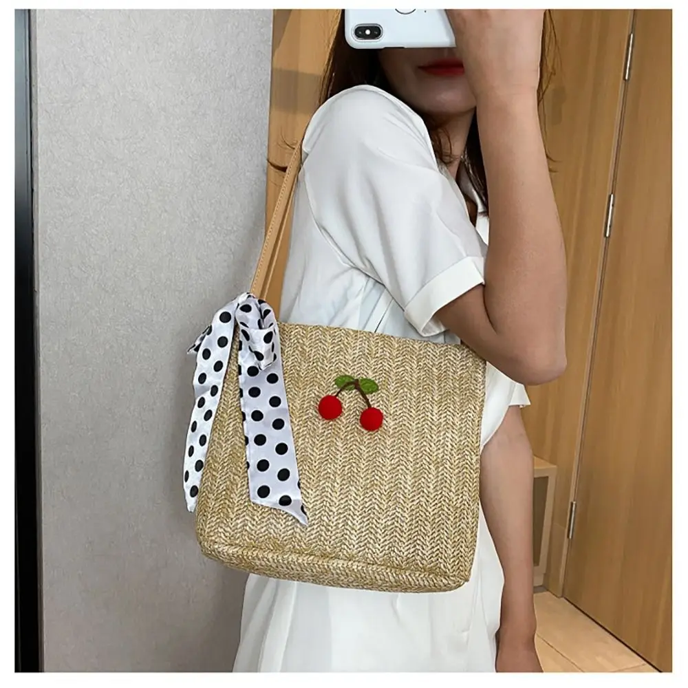 Fashion Cherry Shoulder Bag Beige Khaki Weaving Pattern Straw Bag Leather Handle Handbag Daily Use
Fashion Cherry Shoulder Bag Beige Khaki Weaving Pattern Straw Bag Leather Handle Handbag Daily Use