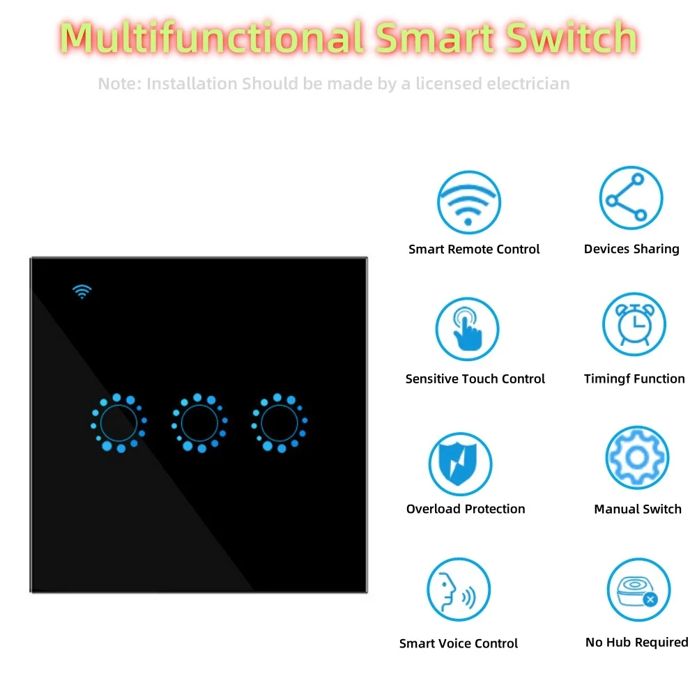 Upgrade Your Home: Smart WiFi Touch Switch, 3 Gang, Alexa/Google/Siri, App, Timer, Overload Protection, Black, 2200W,3 way
Upgrade Your Home: Smart WiFi Touch Switch, 3 Gang, Alexa/Google/Siri, App, Timer, Overload Protection, Black, 2200W,3 way