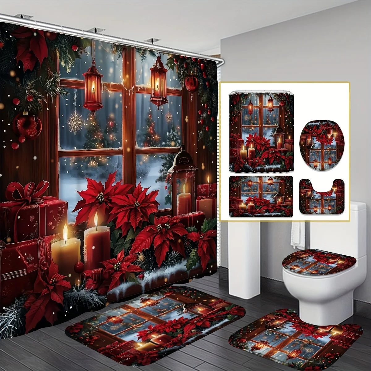 4Pcs Christmas Shower Curtain Set, with Hook Non-Slip U-Shaped Toilet Seat Cover, Bathroom Accessories, Christmas Decoration
4Pcs Christmas Shower Curtain Set, with Hook Non-Slip U-Shaped Toilet Seat Cover, Bathroom Accessories, Christmas Decoration