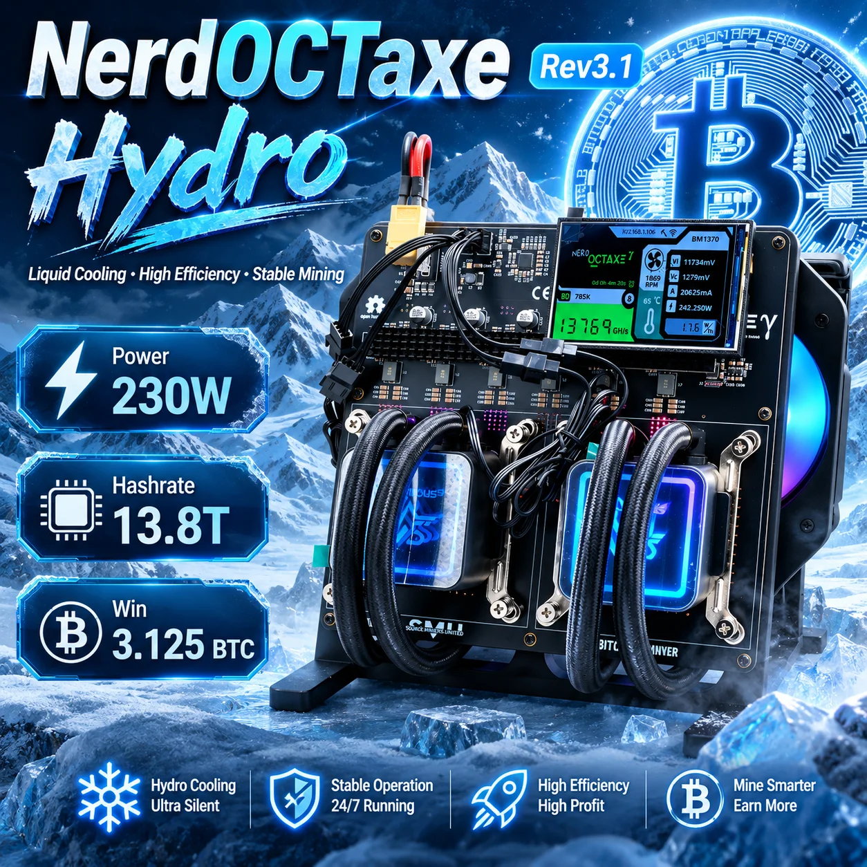 Nerdoctaxe Rev3.1 Hydro 13.8Th/s 230W 3.5 Inch Display Open Source Home Bitcoin Miner With Mean Well Power Supply
Nerdoctaxe Rev3.1 Hydro 13.8Th/s 230W 3.5 Inch Display Open Source Home Bitcoin Miner With Mean Well Power Supply