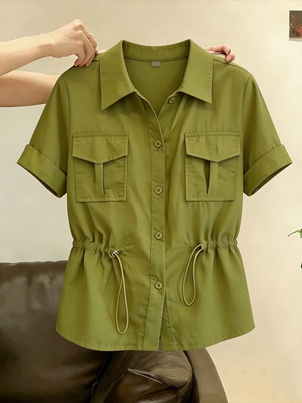 Loose Fit Double Pocket Work Shirt Women's Summer 2026 New Design Drawstring Top Belly Covering Korean Style Commute Shirt
Loose Fit Double Pocket Work Shirt Women's Summer 2026 New Design Drawstring Top Belly Covering Korean Style Commute Shirt