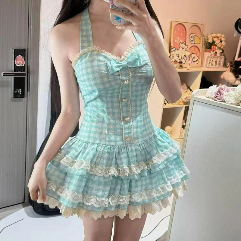 Japanese Sweet Lolita Dress Women Kawaii Cute Lace Ruffles Halter Neck Plaid Bow Dress Vintage Elegant Princess Party Mini Dress
Japanese Sweet Lolita Dress Women Kawaii Cute Lace Ruffles Halter Neck Plaid Bow Dress Vintage Elegant Princess Party Mini Dress
