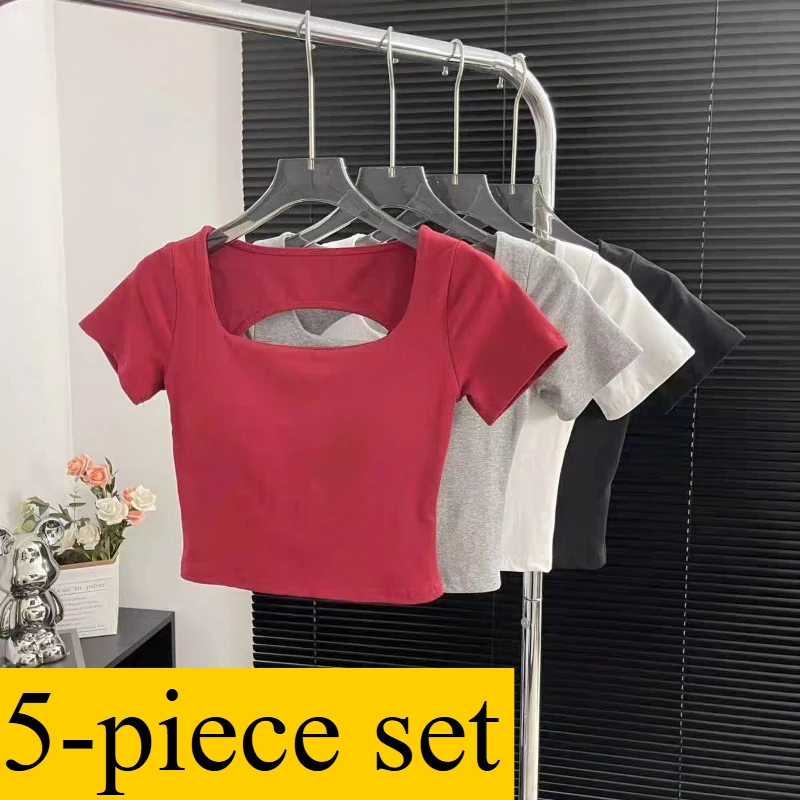 5pc Women's Square Neck Backless Crop Top, Short Sleeve with Built-in Bra for Summer & Daily Streetwear
5pc Women's Square Neck Backless Crop Top, Short Sleeve with Built-in Bra for Summer & Daily Streetwear
