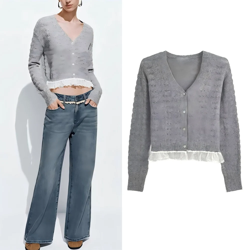 Women's new fashion lace hem short splicing V-neck knitted cardigan retro long sleeved Button-up women's coat chic top
Women's new fashion lace hem short splicing V-neck knitted cardigan retro long sleeved Button-up women's coat chic top
