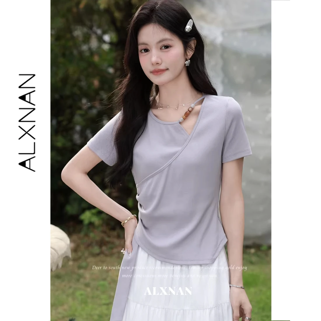 ALXNAN Purple T-shirt Elegant Crew Neck Beaded Hollow-out Design Irregular T-shirts 2026 Summer Short Sleeve Tops Female L63202
ALXNAN Purple T-shirt Elegant Crew Neck Beaded Hollow-out Design Irregular T-shirts 2026 Summer Short Sleeve Tops Female L63202