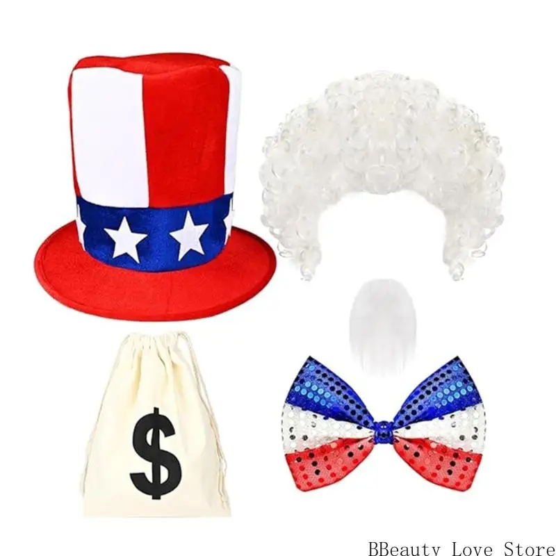 Mens 4th of July Costume Uncle Patriotic Outfit Accessories Includes Hat Bowtie Beards and Money Bag for Men Cosplay
Mens 4th of July Costume Uncle Patriotic Outfit Accessories Includes Hat Bowtie Beards and Money Bag for Men Cosplay