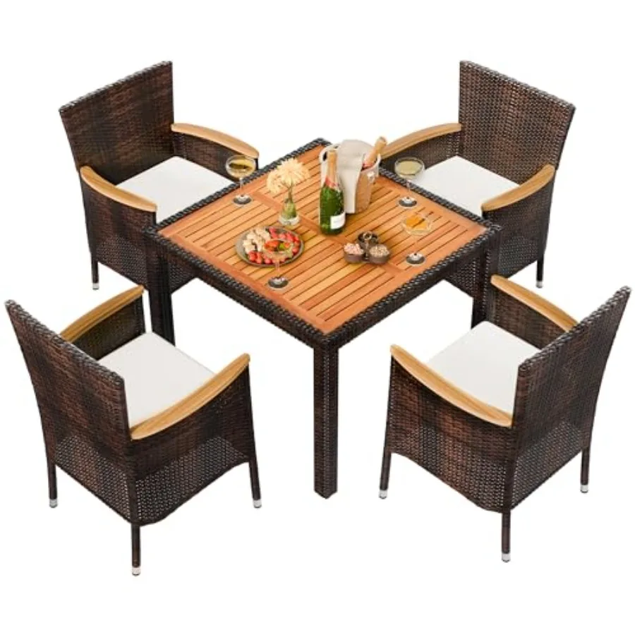 5 PCS patio dining set: rattan outdoor table and chairs with soft cushions, wood tabletop, beige cushions, weather-resistant fo
5 PCS patio dining set: rattan outdoor table and chairs with soft cushions, wood tabletop, beige cushions, weather-resistant fo
