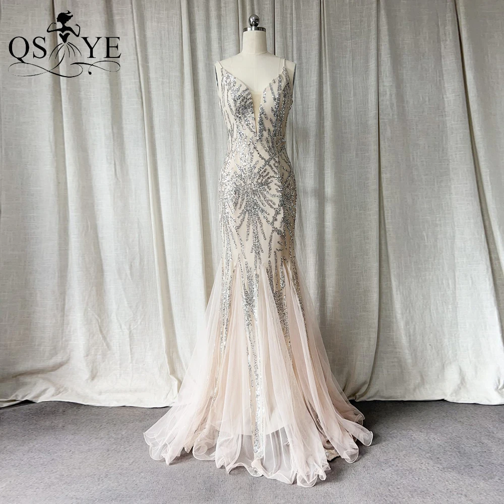 Silver Evening Dresses Long Pattern Lace Mermaid Sequin Prom Gown Spaghetti Straps V neck Glitter Open Low Back Party Dress New
Silver Evening Dresses Long Pattern Lace Mermaid Sequin Prom Gown Spaghetti Straps V neck Glitter Open Low Back Party Dress New
