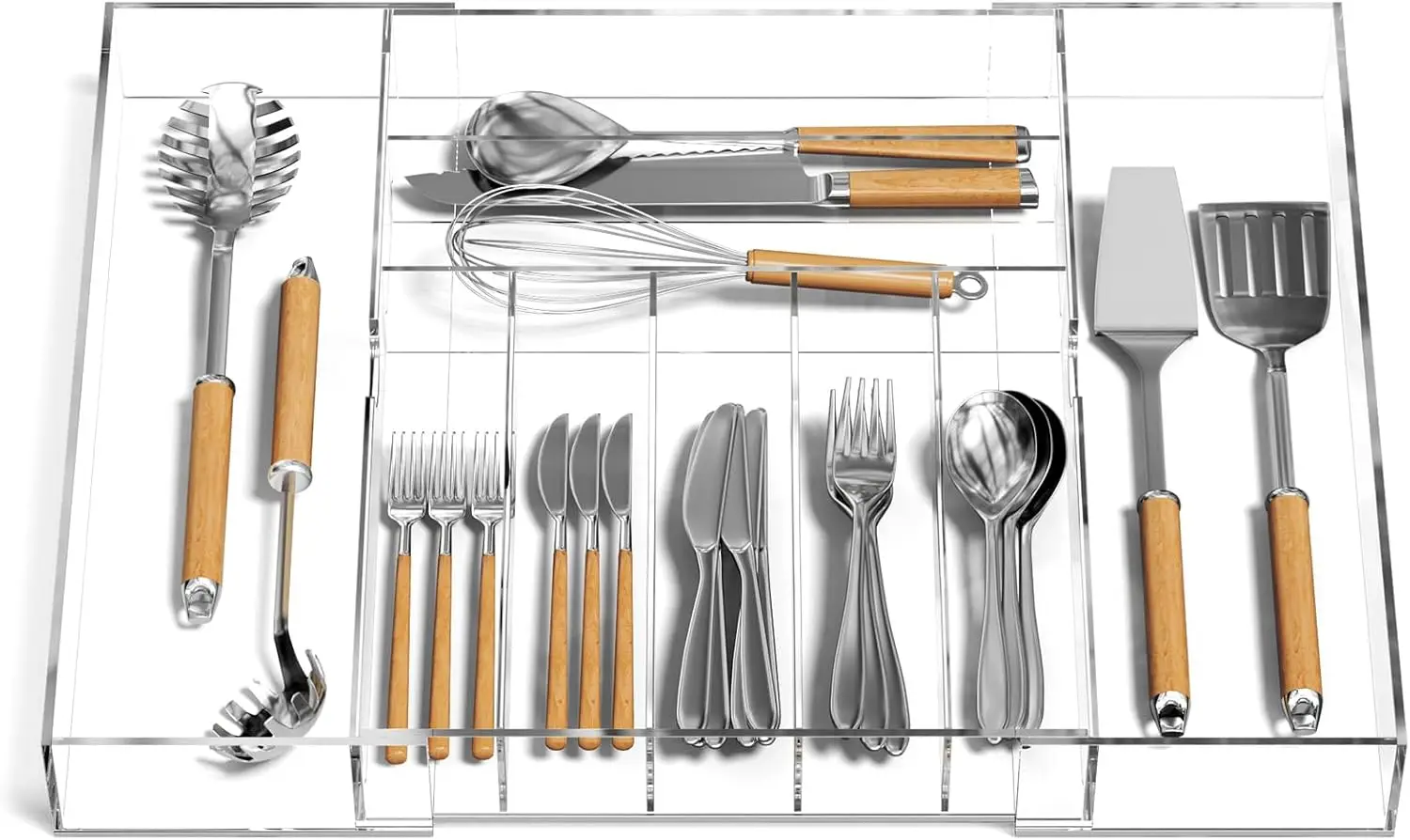 Расширяемый органайзер для кухонного ящика, прозрачный акриловый регулируемый поднос для столового серебра с 9 отделениями для посуды и принадлежностей
Расширяемый органайзер для кухонного ящика, прозрачный акриловый регулируемый поднос для столового серебра с 9 отделениями для посуды и принадлежностей