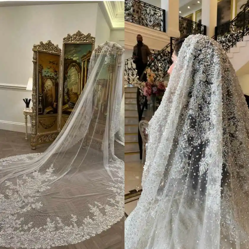 Luxury Sequins Wedding Veil Pearls Cathedral Length One Layer Bridal Veils Lace Edge For Bride Velo De Cabeza Customized
Luxury Sequins Wedding Veil Pearls Cathedral Length One Layer Bridal Veils Lace Edge For Bride Velo De Cabeza Customized