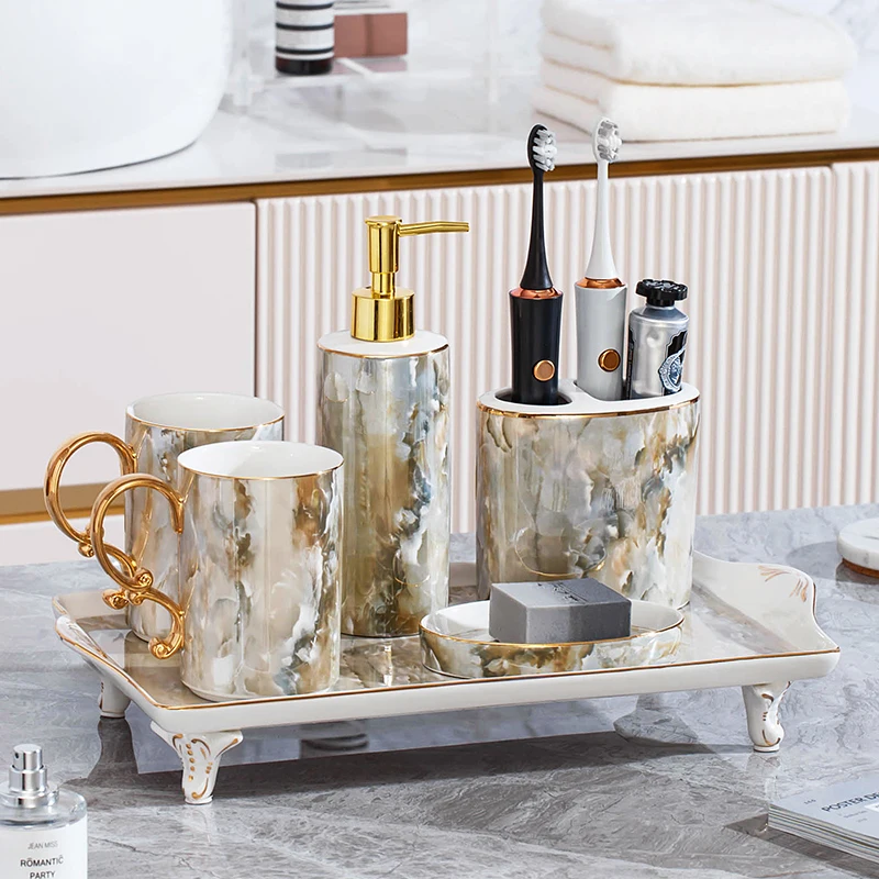 Luxury ceramic wash cup set advanced European bathroom supplies set Brush Cup gargle with tray for home use.
Luxury ceramic wash cup set advanced European bathroom supplies set Brush Cup gargle with tray for home use.