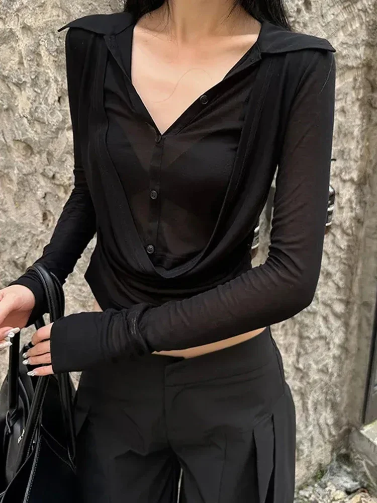 American Sexy See Through Black Shirts Women Y2K Long Sleeve Patchwork Blouse Harajuku Streetwear Vintage Lady Cropped Tops
American Sexy See Through Black Shirts Women Y2K Long Sleeve Patchwork Blouse Harajuku Streetwear Vintage Lady Cropped Tops