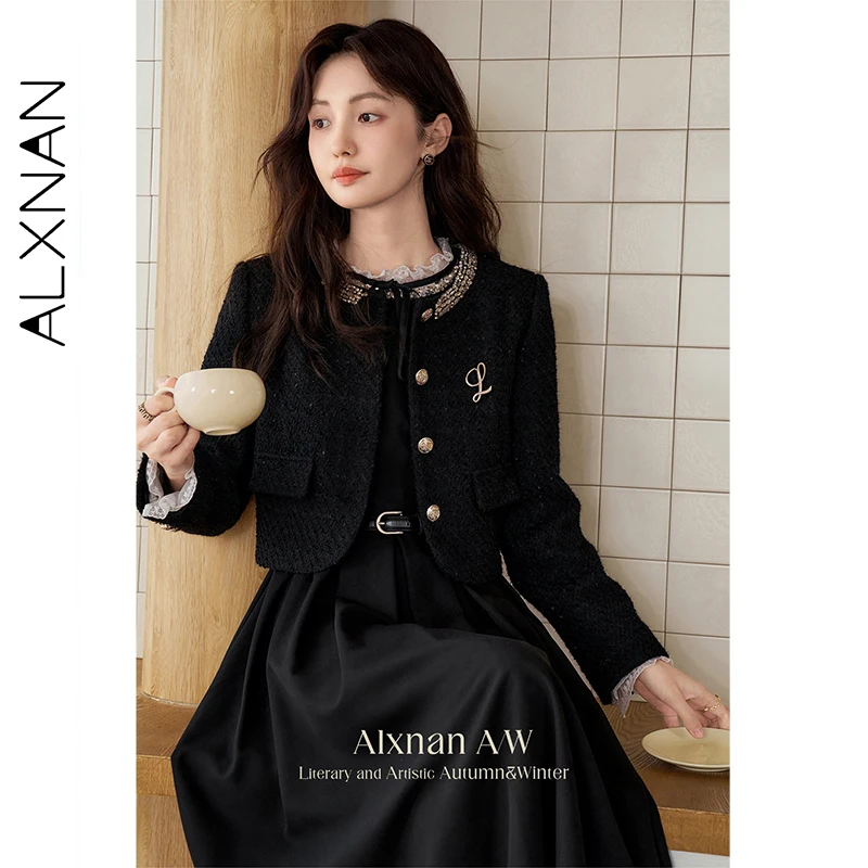 ALXNAN Black Short Jacket Women's Autumn Letter Pin Buttons Pocket Beaded Collar Trim Outerwear Noble Elegant Ladies Coat L50062
ALXNAN Black Short Jacket Women's Autumn Letter Pin Buttons Pocket Beaded Collar Trim Outerwear Noble Elegant Ladies Coat L50062