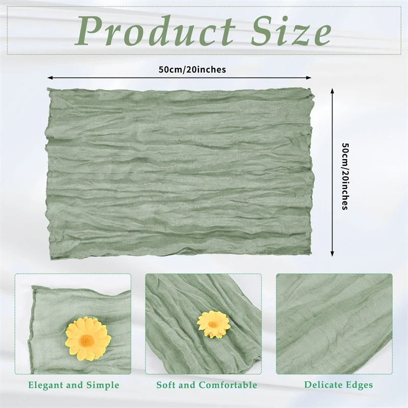 6pcs Cheesecloth Gauze Napkin Sage Green Table Placemat Setting Dining Wedding Party Banquet Christmas Banquets Table Cake Decor
6pcs Cheesecloth Gauze Napkin Sage Green Table Placemat Setting Dining Wedding Party Banquet Christmas Banquets Table Cake Decor