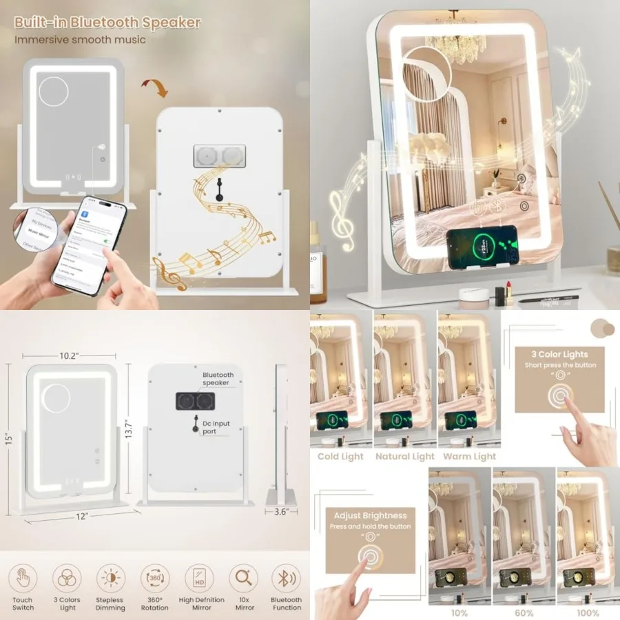 5-in-1 Lighted Vanity Mirror with Bluetooth Speaker and, 15"x12" LED Makeup Mirror with Lights 3 Colors Dimmable, Phone Holder
5-in-1 Lighted Vanity Mirror with Bluetooth Speaker and, 15"x12" LED Makeup Mirror with Lights 3 Colors Dimmable, Phone Holder